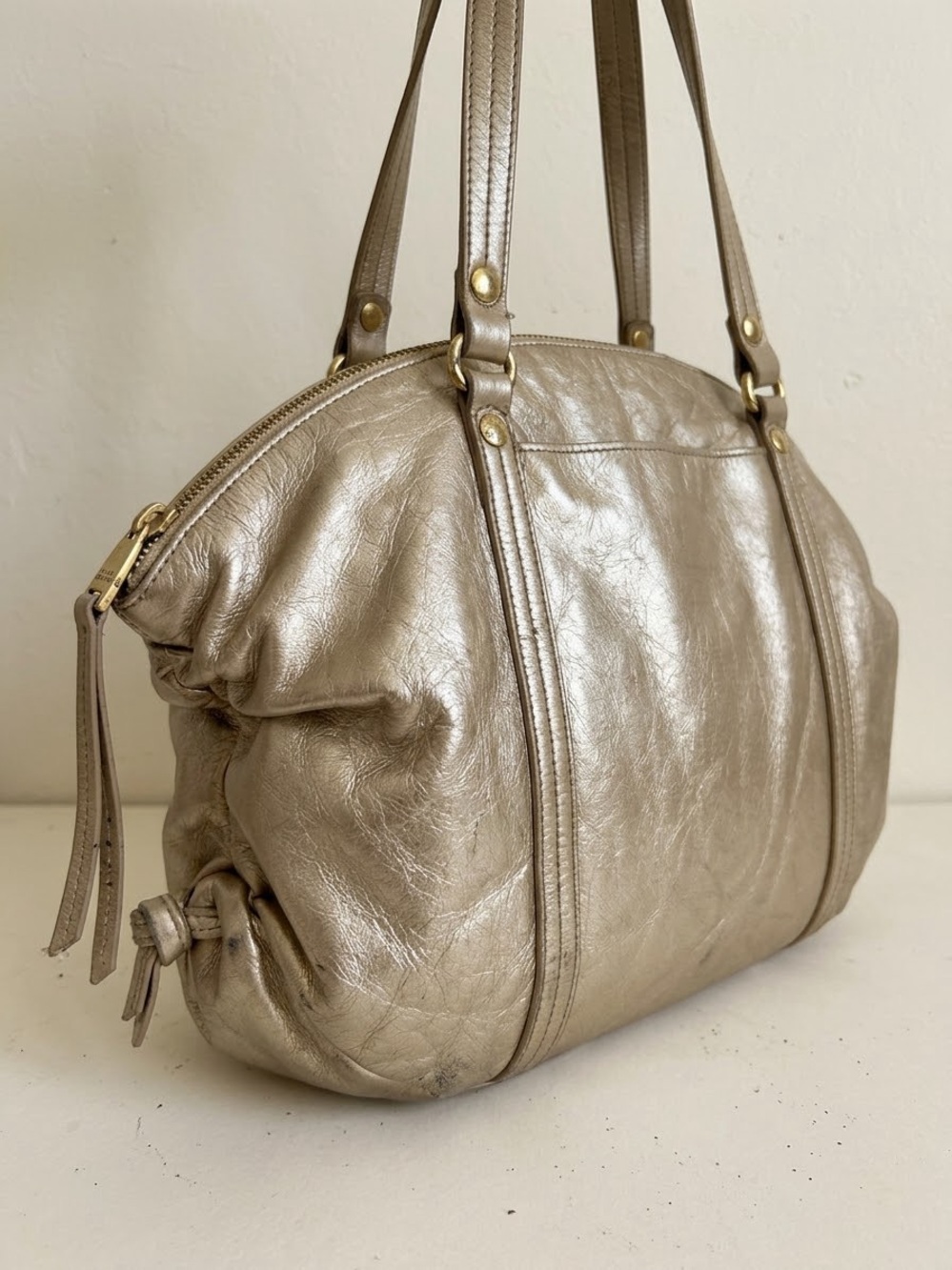 HOBO Metallic Gold Leather Ruched Boho Satchel Shoulder Bag Quiet Luxury